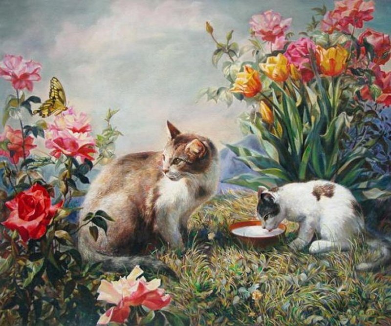 Two Cats in Garden — Pink, Serene