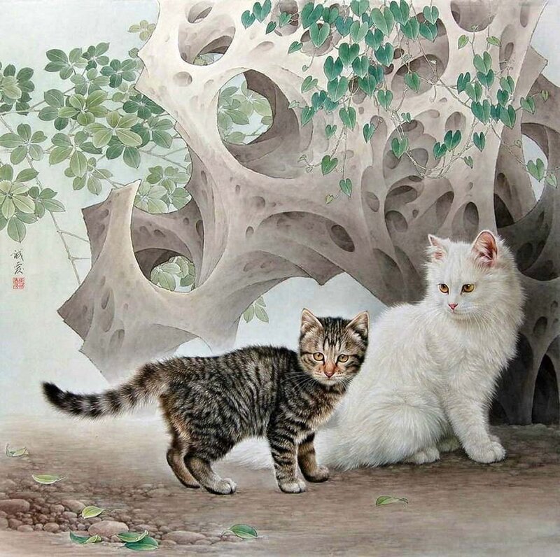 Two Cats in Garden — White