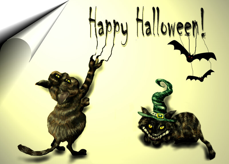 Two Cats in Halloween Scene