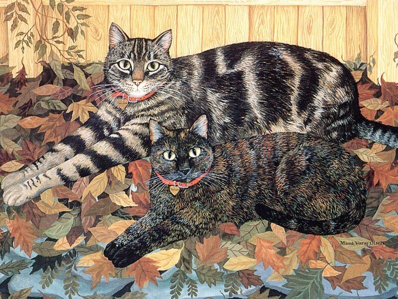 Two Cats in Leaves