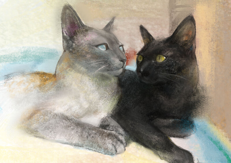 Two Cats Lying Together — Gray, Calm, Digital Art