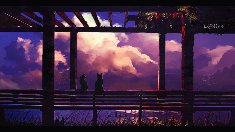 Two Cats on a Bench — Purple