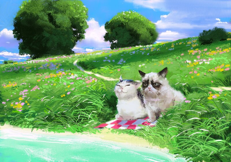 Two Cats on a Blanket — Green