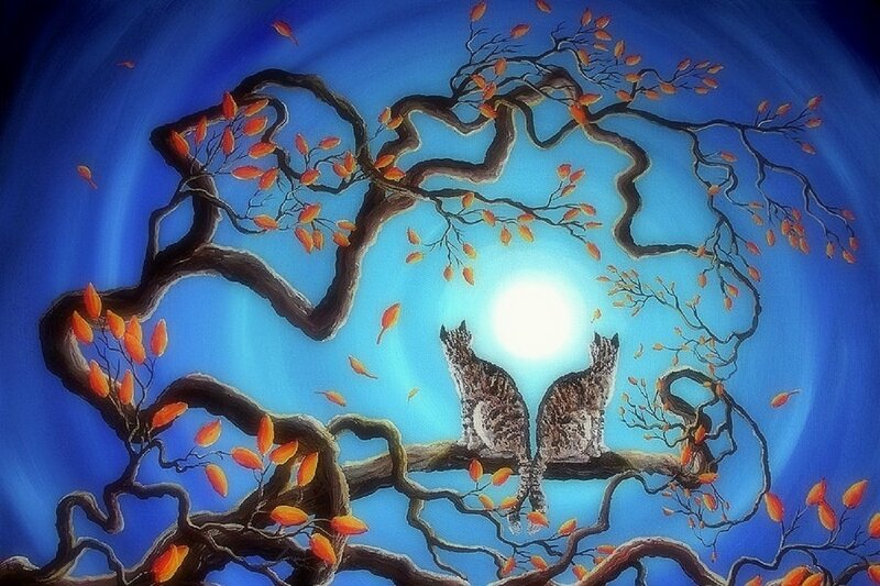 Two Cats on a Branch — Blue, Serene, Night
