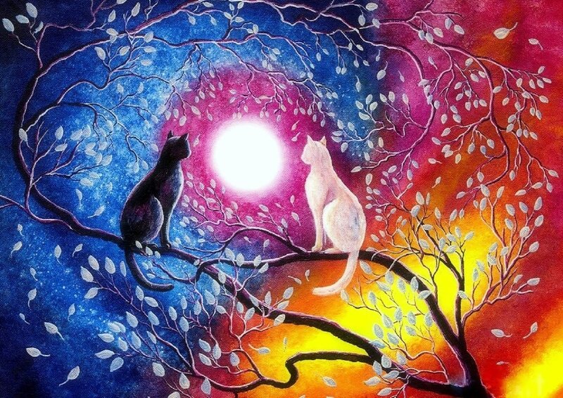 Two Cats on a Branch — Blue, Serene