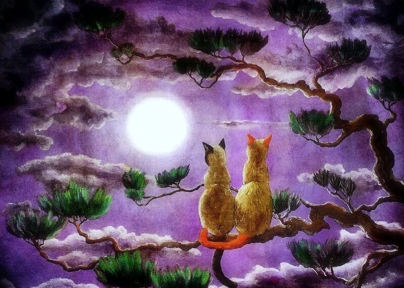 Two Cats on a Branch — Purple, Serene, Night