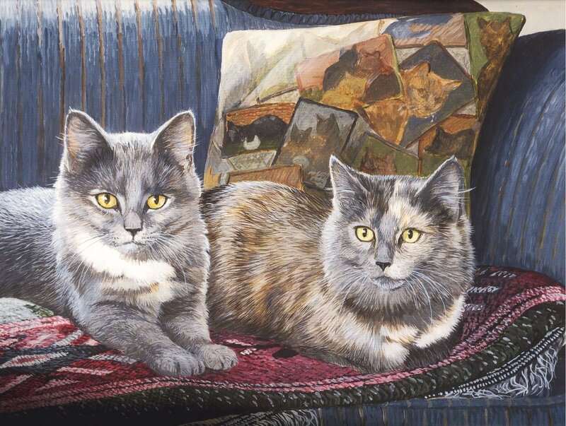Two Cats on a Couch — Gray, Calm, Painting