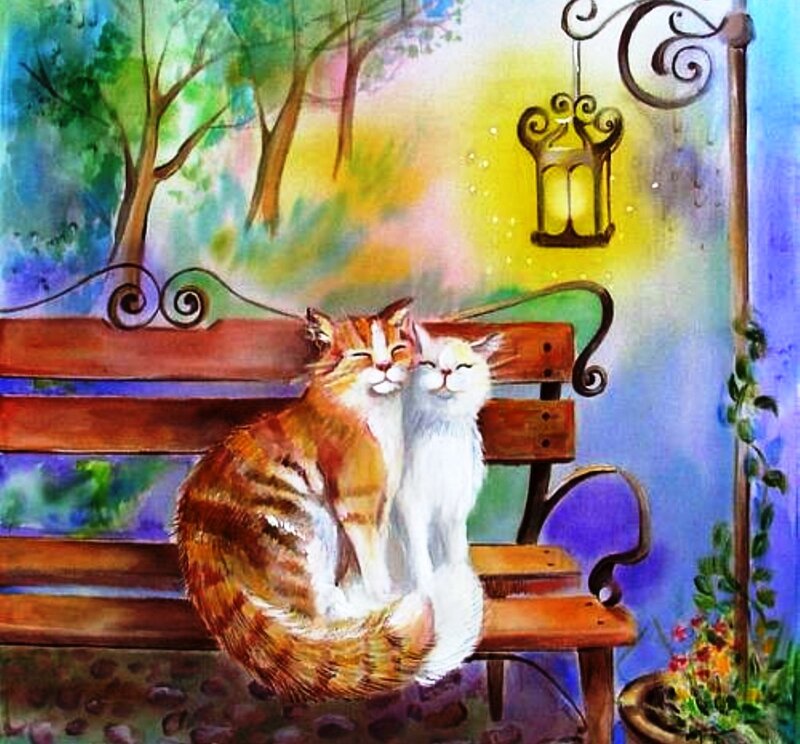 Two Cats on Bench — Blue