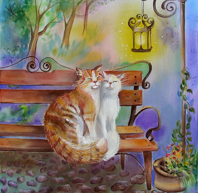 Two Cats on Bench — Brown