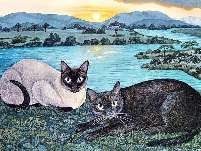 Two Cats on Grass — Blue