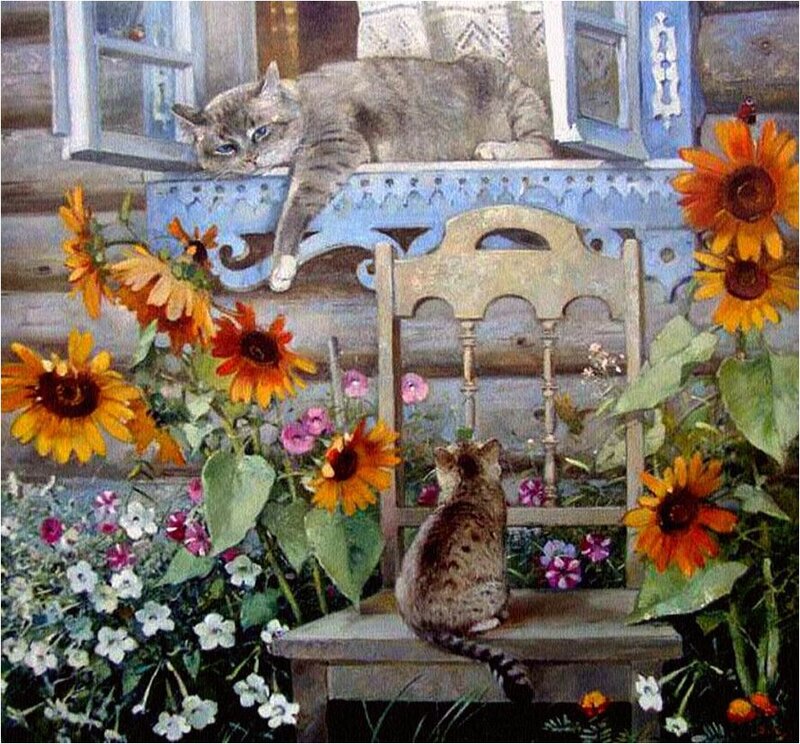 Two Cats on Porch — Blue