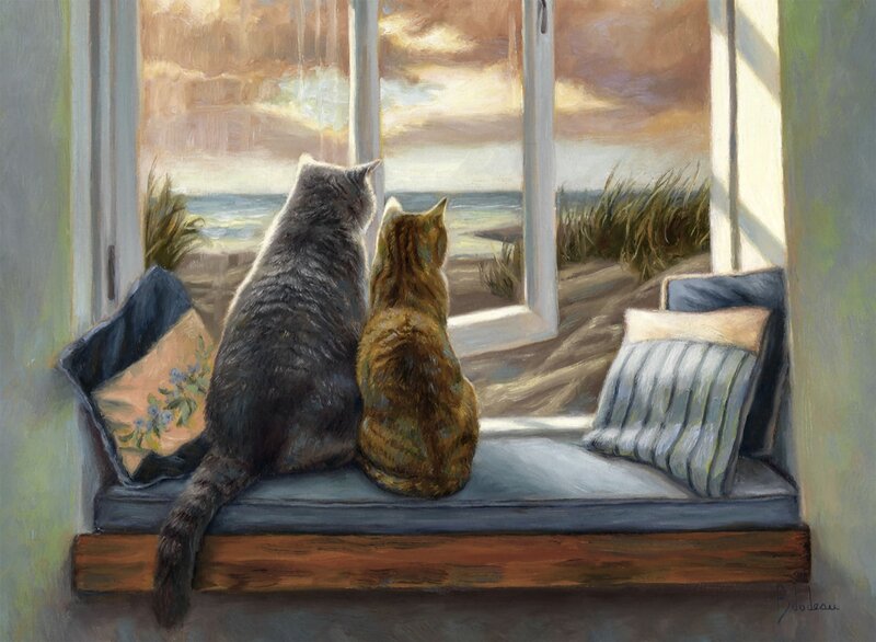 Two Cats on Windowsill — Gray, Serene