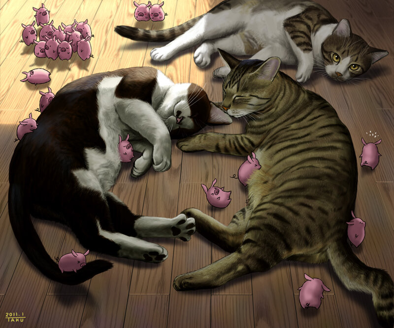 Two Cats Sleeping — Brown, Peaceful, Digital Art