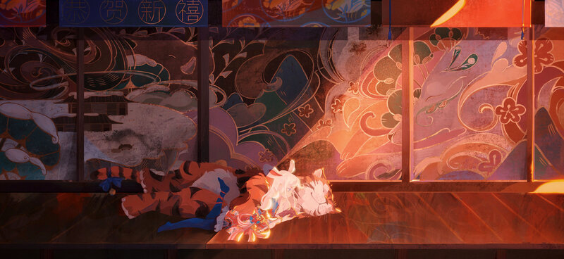 Two Cats Sleeping on Floor — Orange