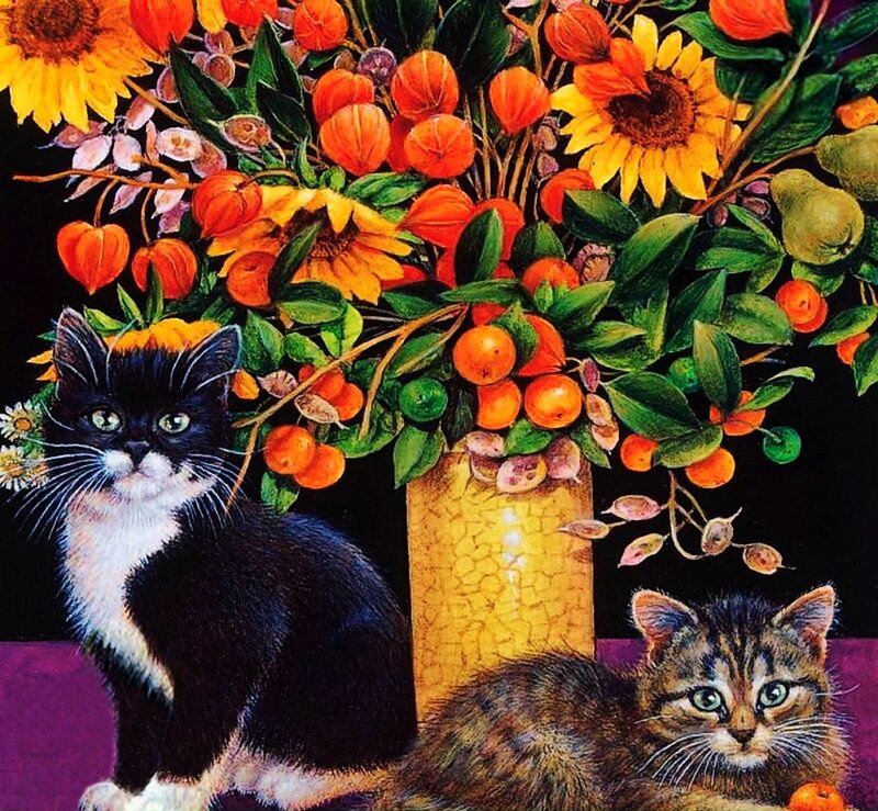 Two Cats with Flowers — Yellow