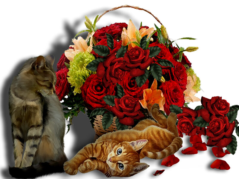 Two Cats with Roses — Red
