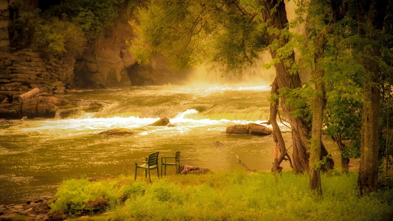 Two Chairs by River — Green, Serene