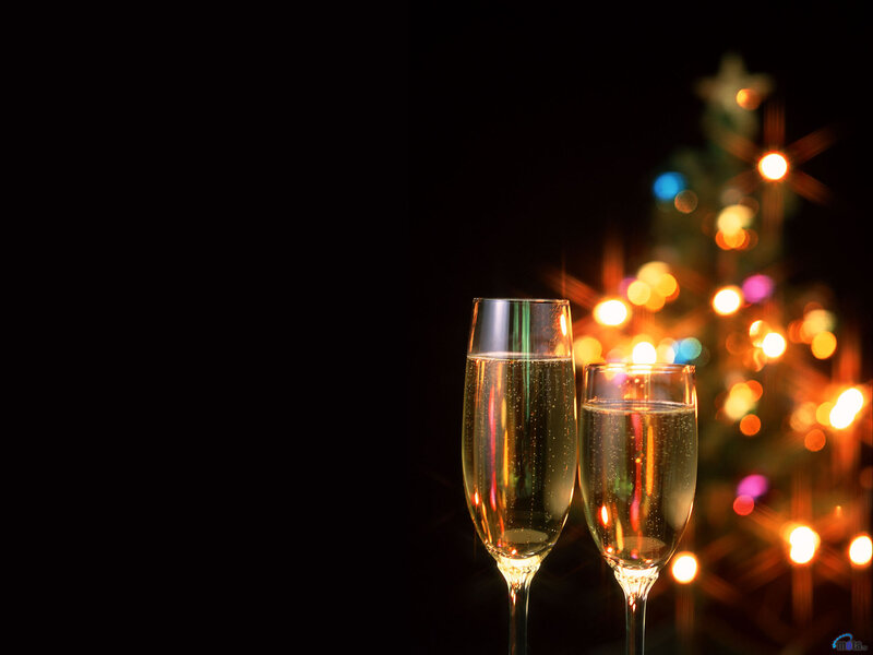 Two Champagne Glasses — Black, Celebratory, Night, Photograph, Christmas Tree