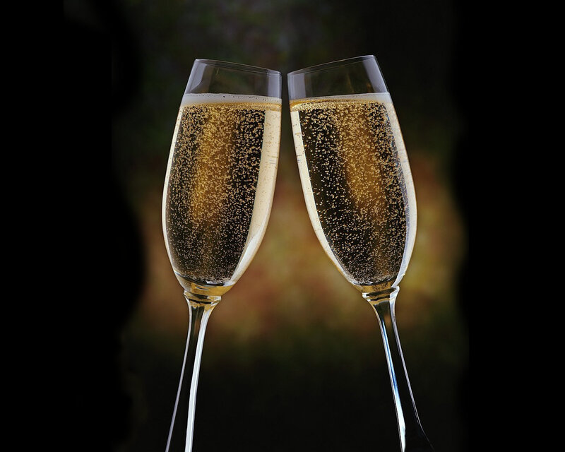 Two Champagne Glasses — Gold, Celebratory, Night, Photograph, Bubbles