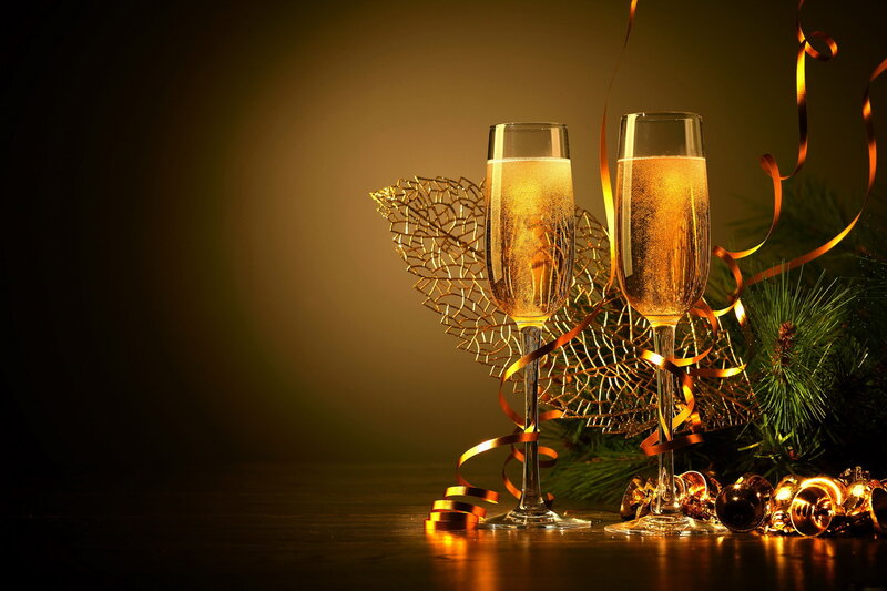 Two Champagne Glasses — Gold, Celebratory, Night, Photograph, Gold Ribbons