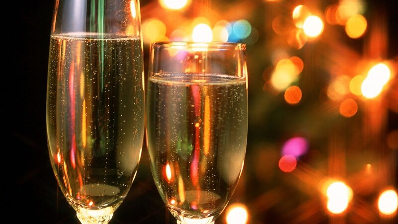 Two Champagne Glasses — Gold, Celebratory, Night, Photograph, Lights