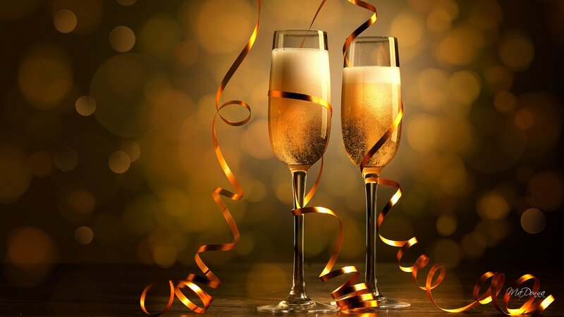 Two Champagne Glasses — Gold, Celebratory, Night, Photograph, Ribbons