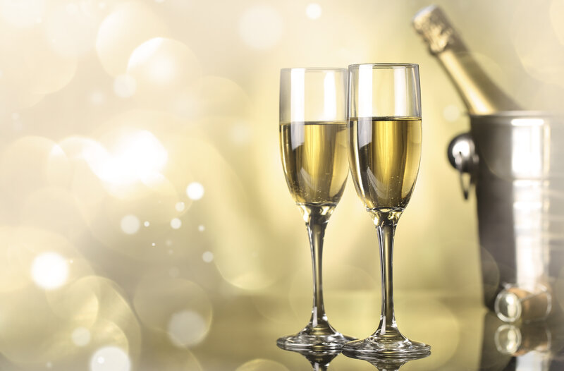 Two Champagne Glasses — Gold, Celebratory, Photograph, Champagne Bottle