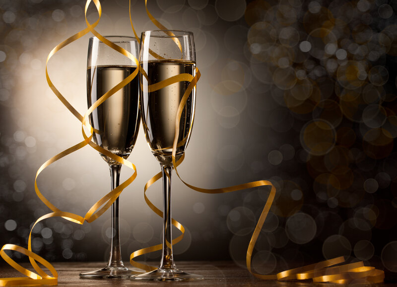 Two Champagne Glasses — Gold, Celebratory, Photograph, Gold Ribbon