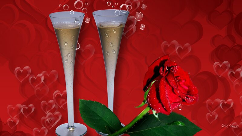 Two Champagne Glasses — Red, Romantic, Digital Art