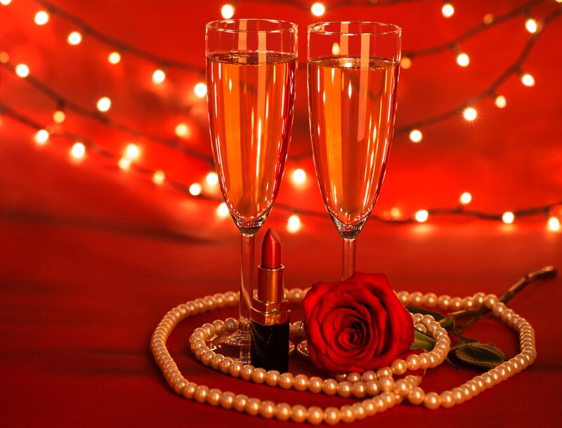 Two Champagne Glasses — Red, Romantic, Night, Photograph