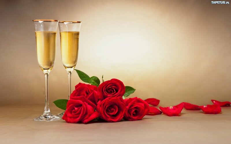Two Champagne Glasses — Red, Romantic, Photograph, Red Roses, Rose Petals
