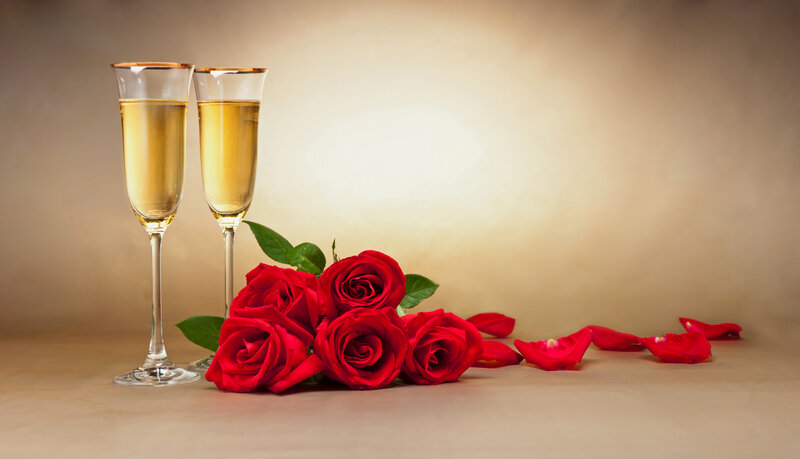 Two Champagne Glasses — Red, Romantic, Photograph, Red Roses