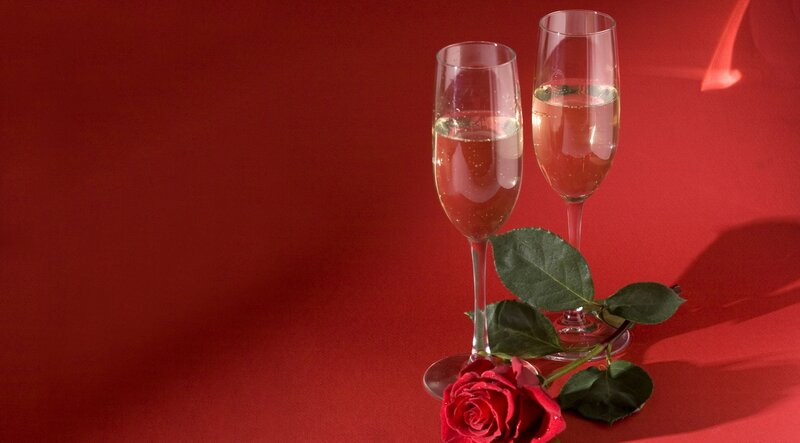 Two Champagne Glasses — Red, Romantic, Photograph, Rose, Leaves