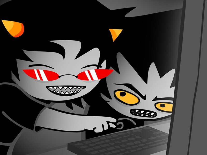 Two characters at a computer