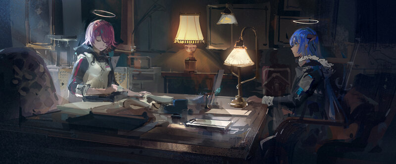 Two Characters at a Desk — Blue