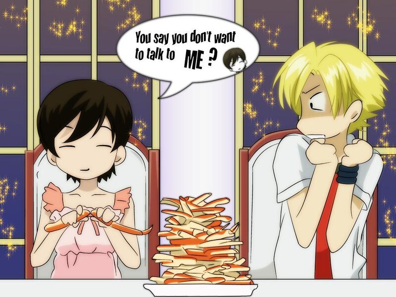 Two characters at a dinner table