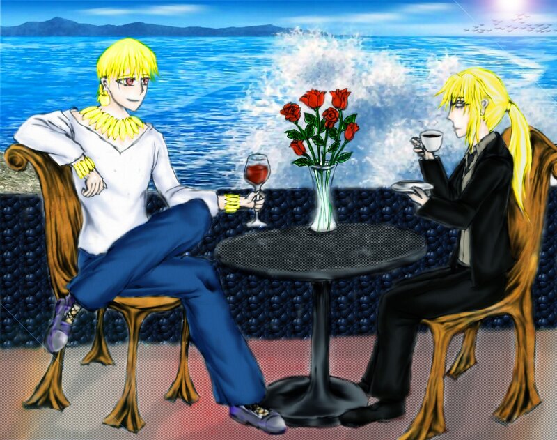 Two characters at a seaside table