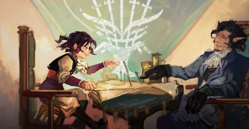 Two Characters at a Table — Green
