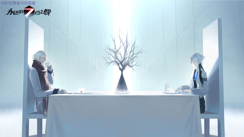 Two Characters at a Table — White