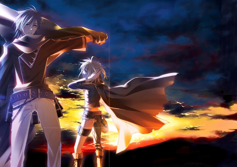 Two characters at sunset