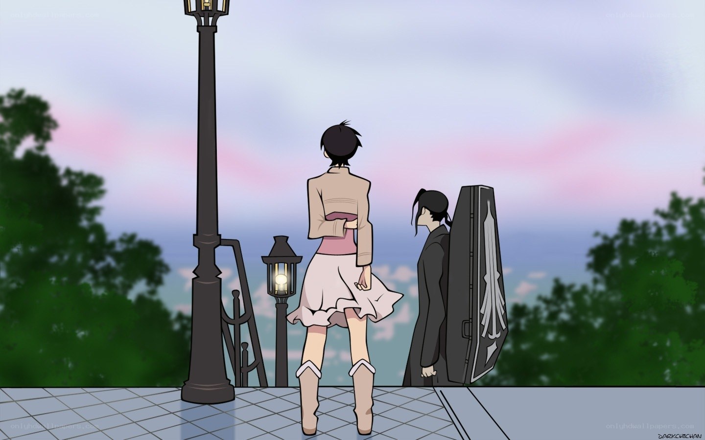 Two characters at sunset