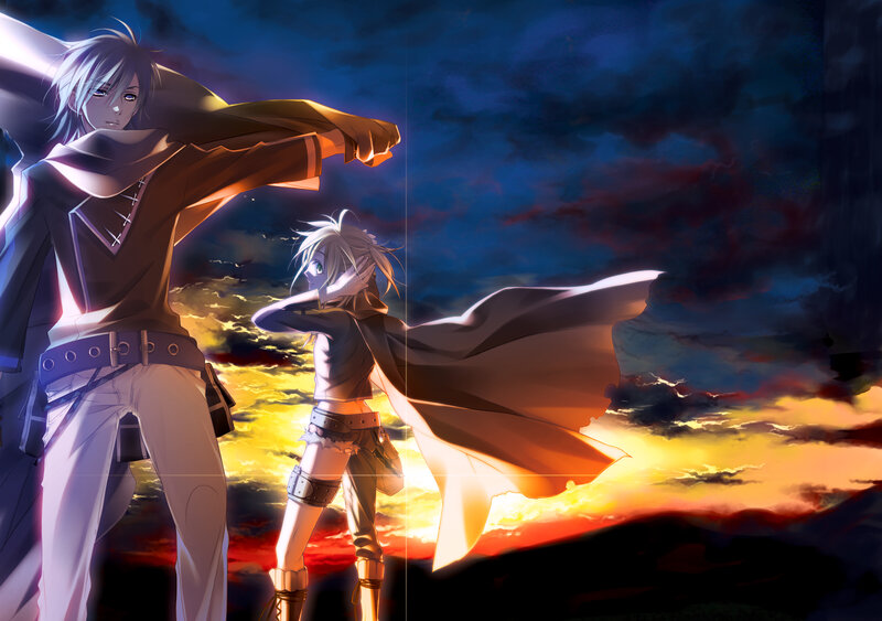 Two characters at sunset