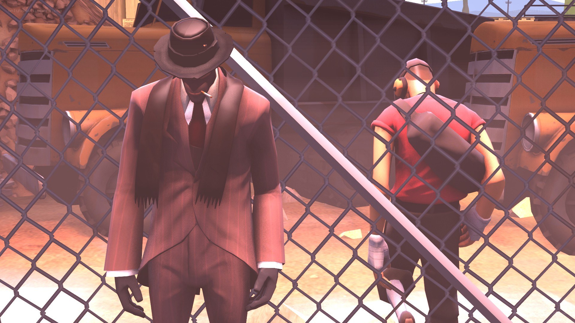 Two characters behind a fence