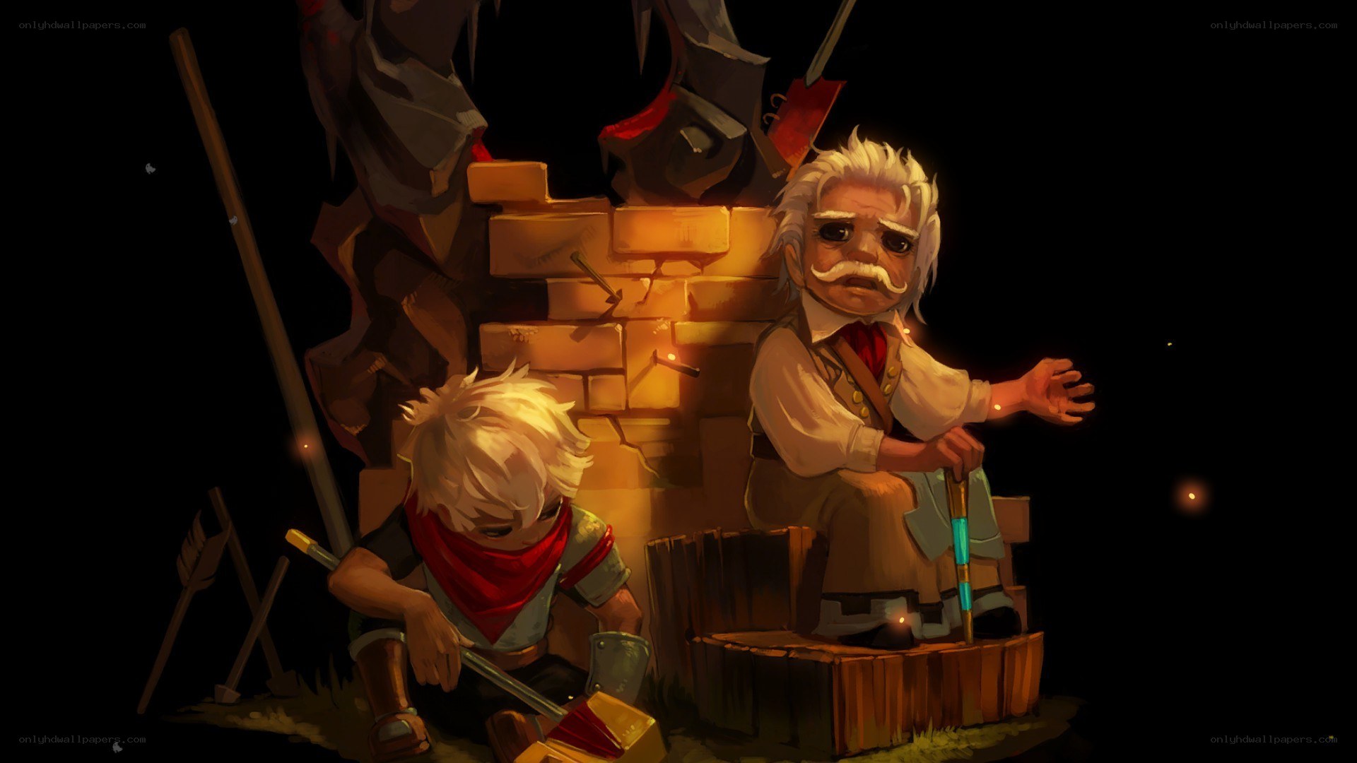 Two characters by a campfire
