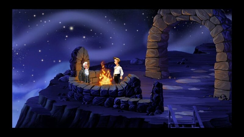 Two characters by a campfire at night