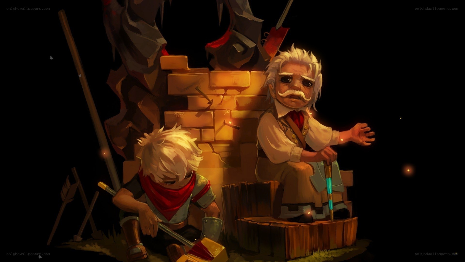 Two characters by a campfire