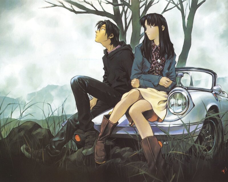 Two characters by a car