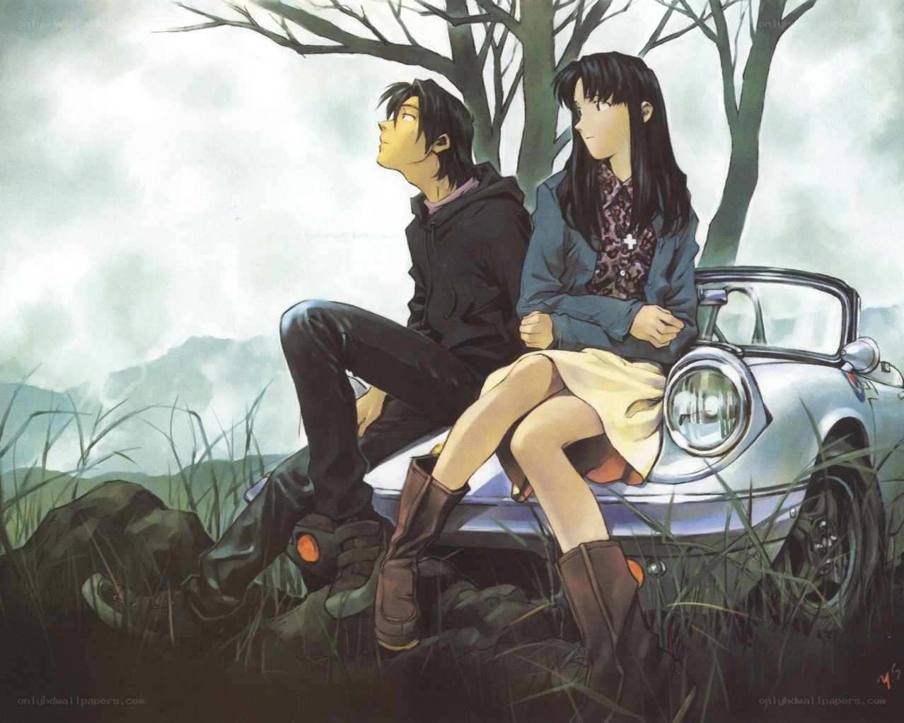 Two characters by a car