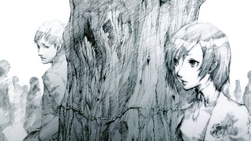 Two characters by a tree