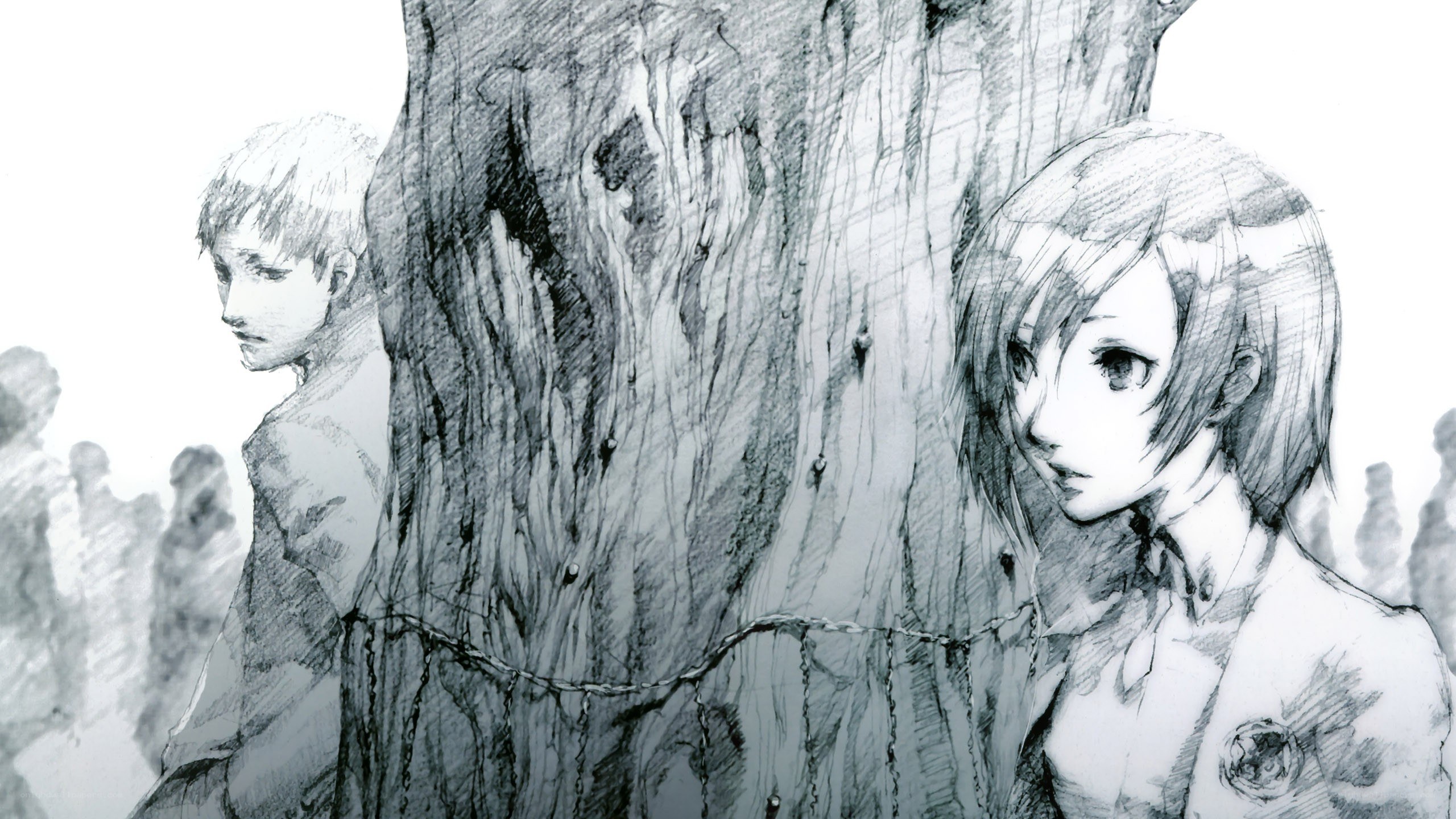 Two characters by a tree